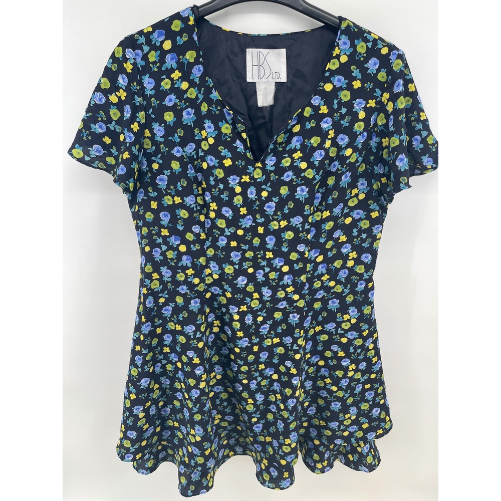 HBS Ltd Floral Mini Dress Black Blue Yellow V-Neck Bell Sleeve Tiered Ruffle Hem